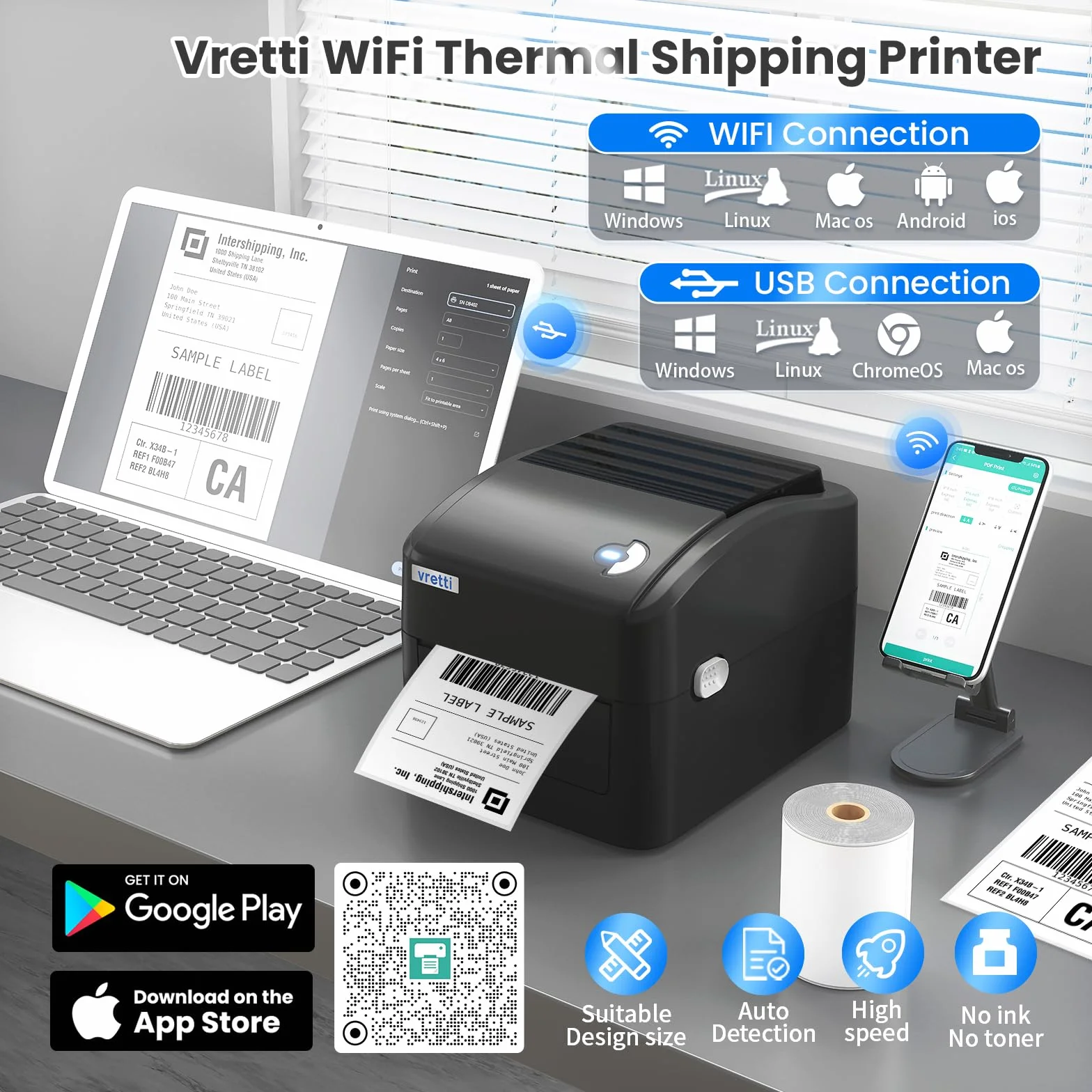vretti Thermischer Drucker, Versandetikettendrucker, Thermal Etikettendrucker 4x6 für Versandetikett, Versandetikett, kompatibel mit Windows, Mac OS und Linux Systemen