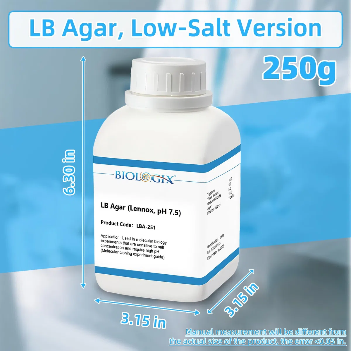 10 Stück LB Agar Medium Pulver, 250g/Flasche, Laborgrad mit Trypton, Hefe Paste, Natriumchlorid & Agar, Luria Brühe Agar Medien für Laborbakterienkultur (LB Agar 250g (Salzarm))