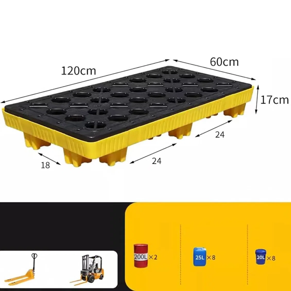 Auffangplattform mit Gitterrost, modulare Plattformpaletten-Auffangwanne, Polyethylen-Auffangpalette mit Abfluss und Gabelstaplertaschen,120x60x17cm