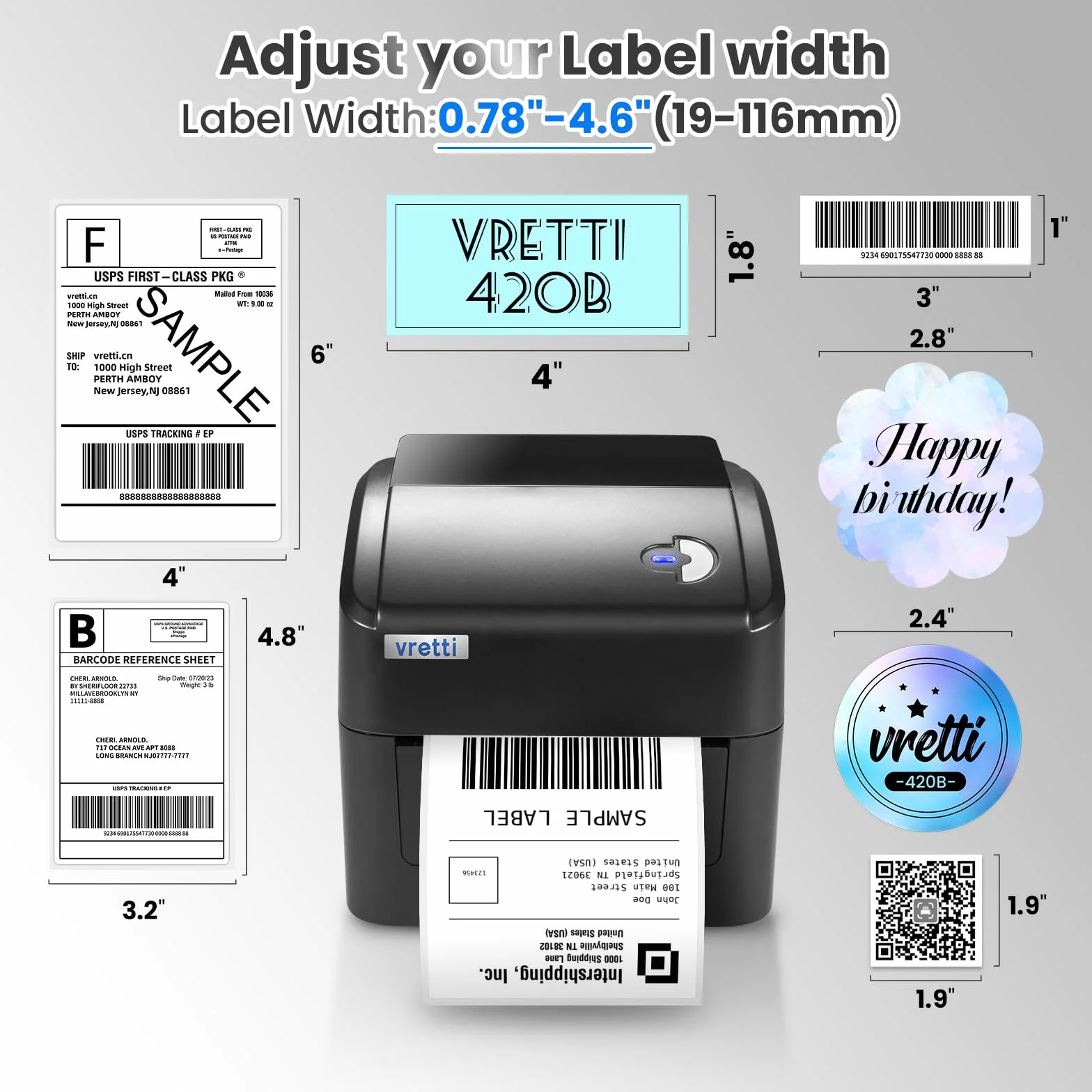 vretti Thermischer Drucker, Versandetikettendrucker, Thermal Etikettendrucker 4x6 für Versandetikett, Versandetikett, kompatibel mit Windows, Mac OS und Linux Systemen