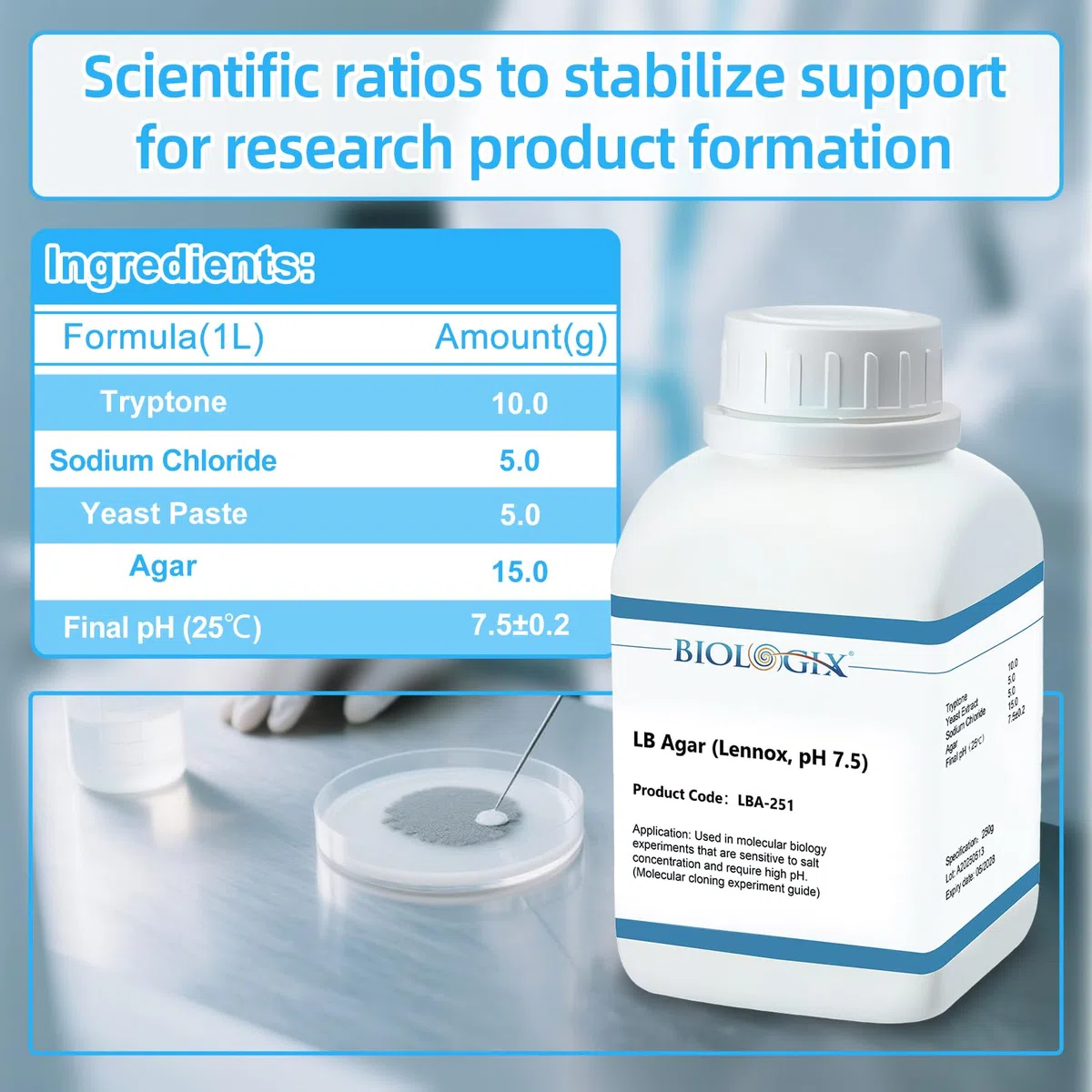 10 Stück LB Agar Medium Pulver, 250g/Flasche, Laborgrad mit Trypton, Hefe Paste, Natriumchlorid & Agar, Luria Brühe Agar Medien für Laborbakterienkultur (LB Agar 250g (Salzarm))