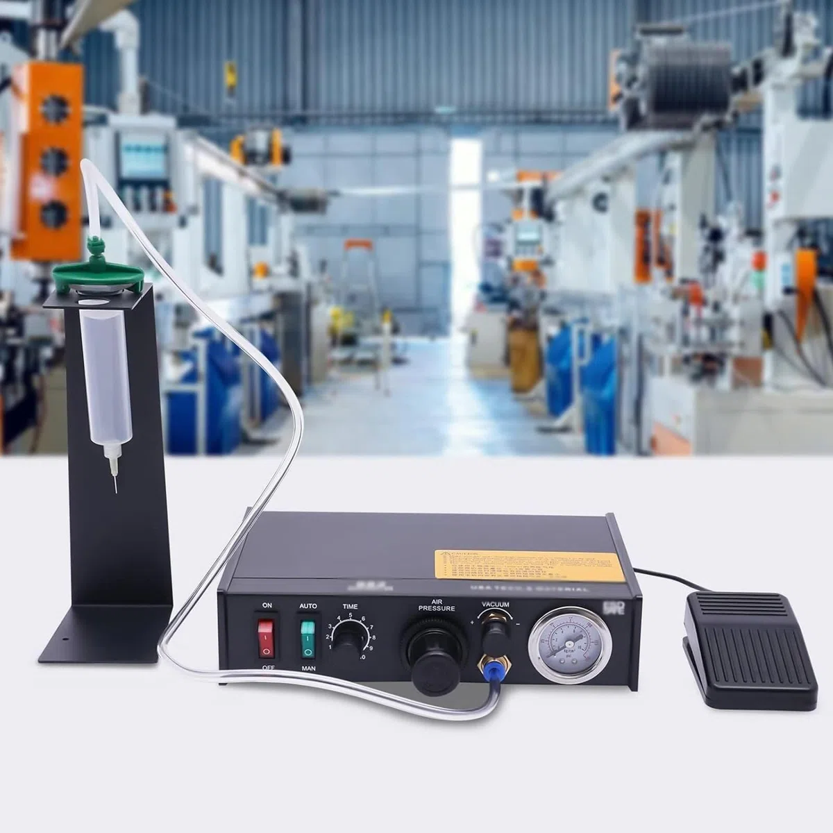 Pneumatische Dosiermaschine für präzise Flüssigkeitsanwendung, halbautomatisches Timing für Klebstoffe auf Wasserbasis, Robustes Design für effektive Lötkontrolle