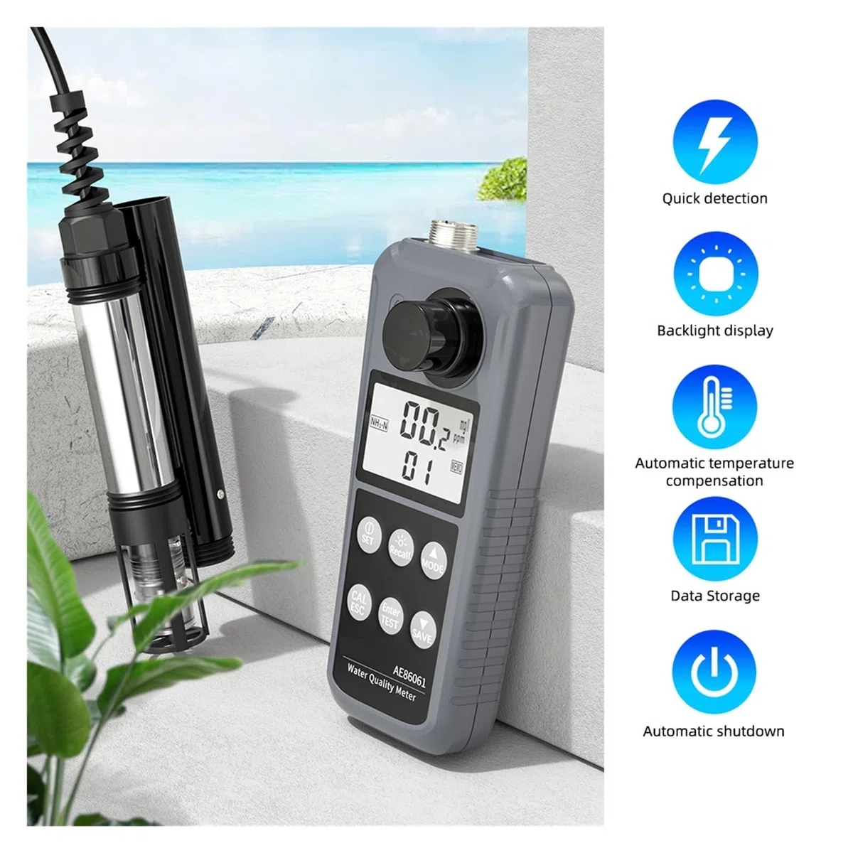 Multiparameter PH/Temp/Ammoniak/Nitrit Gelöst Sauerstoff Meter Wasser Qualität Tester for Aquarium Aquakultur Aquarium Hintergrundbeleuchtetes Display