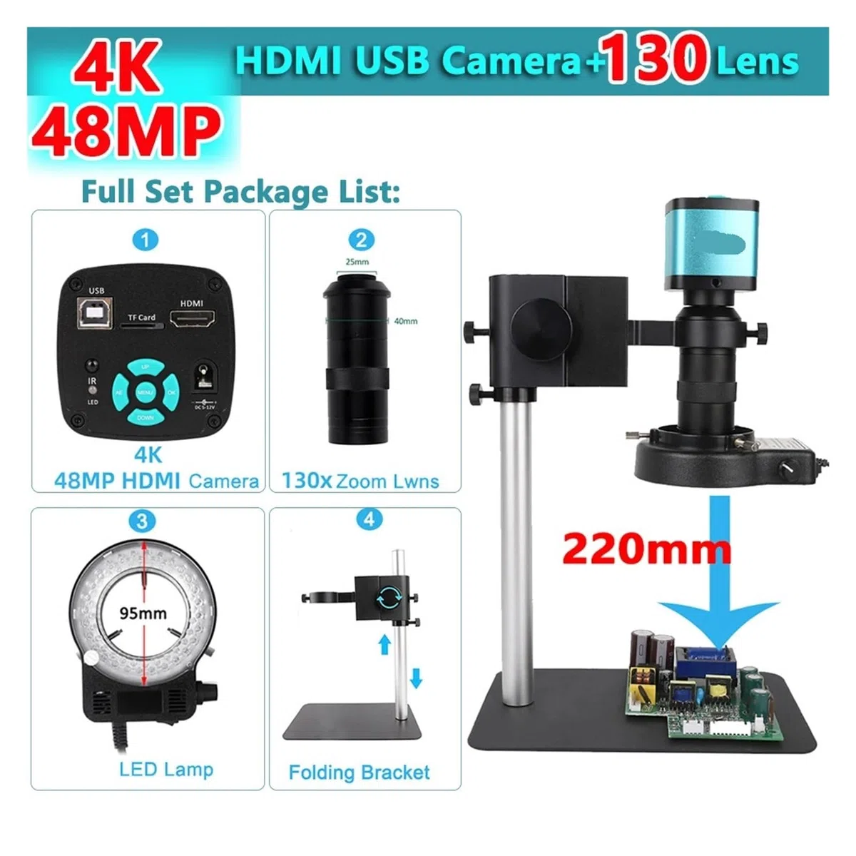 4K 2K Full HD Digitalmikroskop 1080P 60FPS USB VGA Mikroskopkamera 150X Industriemikroskop Aktualisierter Ständer